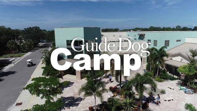 Text: Guide Dog Camp, aerial view of campus