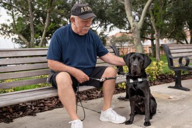 A veteran sits on a bench with his guide dog
