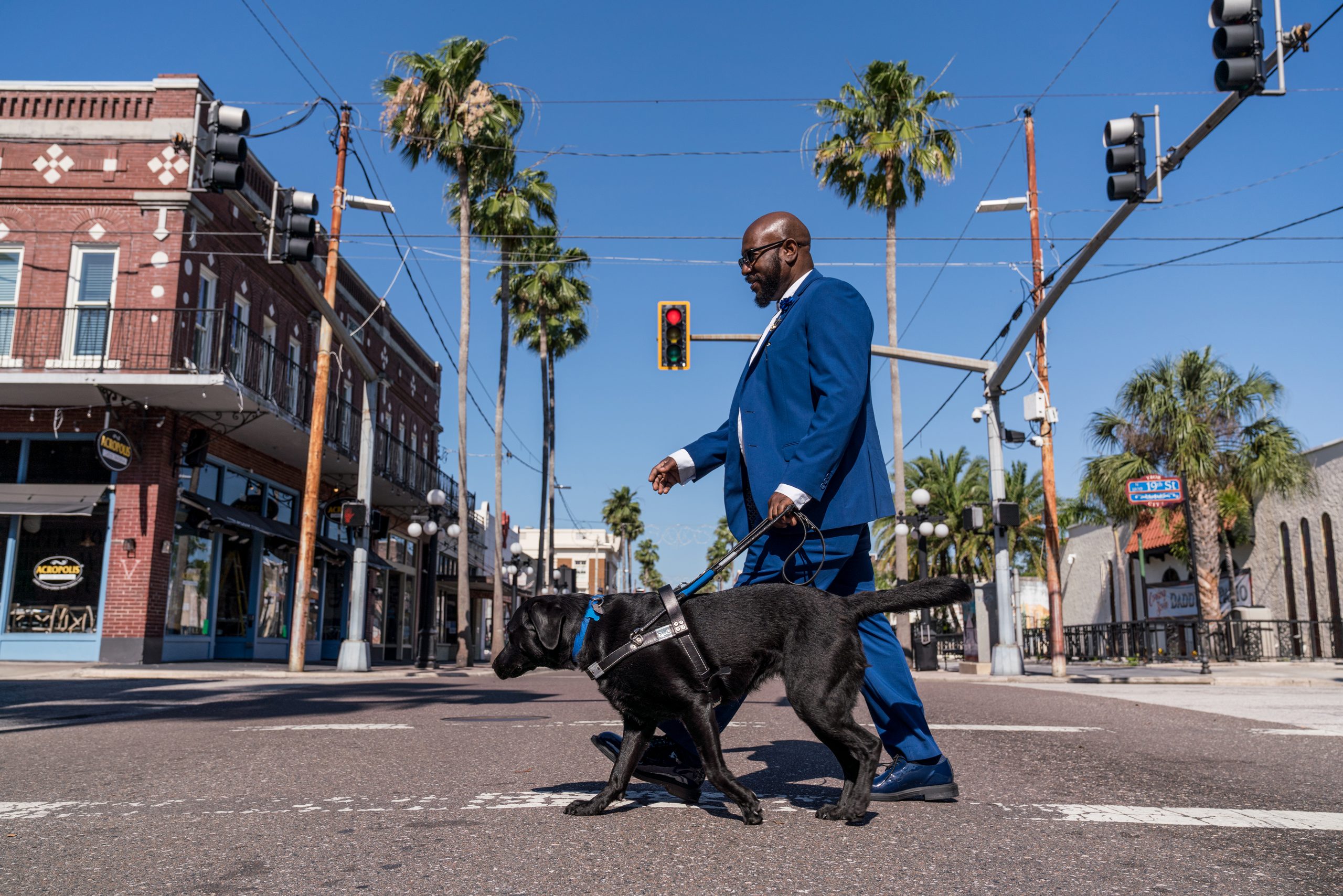 Man in blue suit walks with black guide dog in harness across the street
