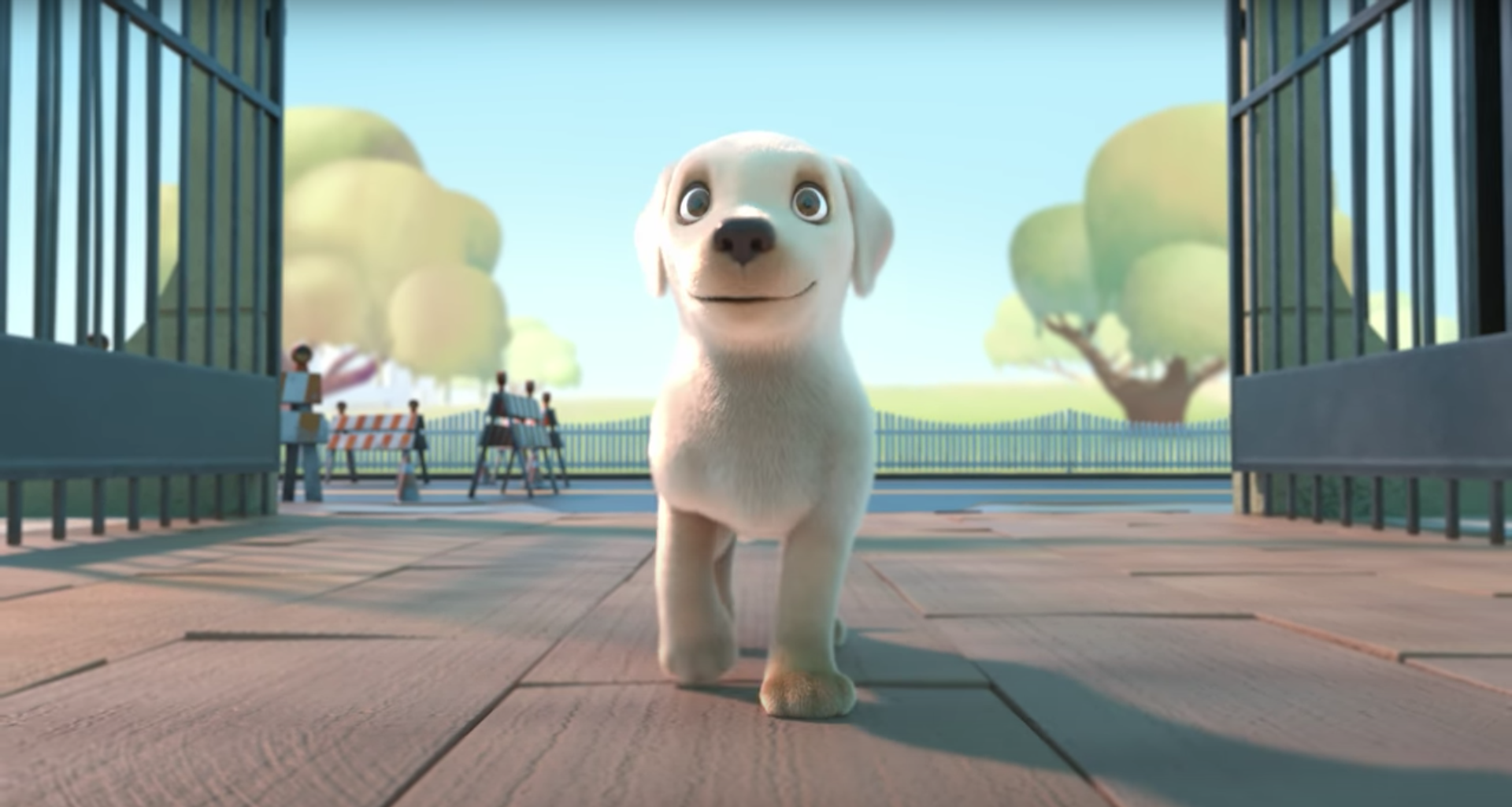 An animated yellow lab puppy walks through gates
