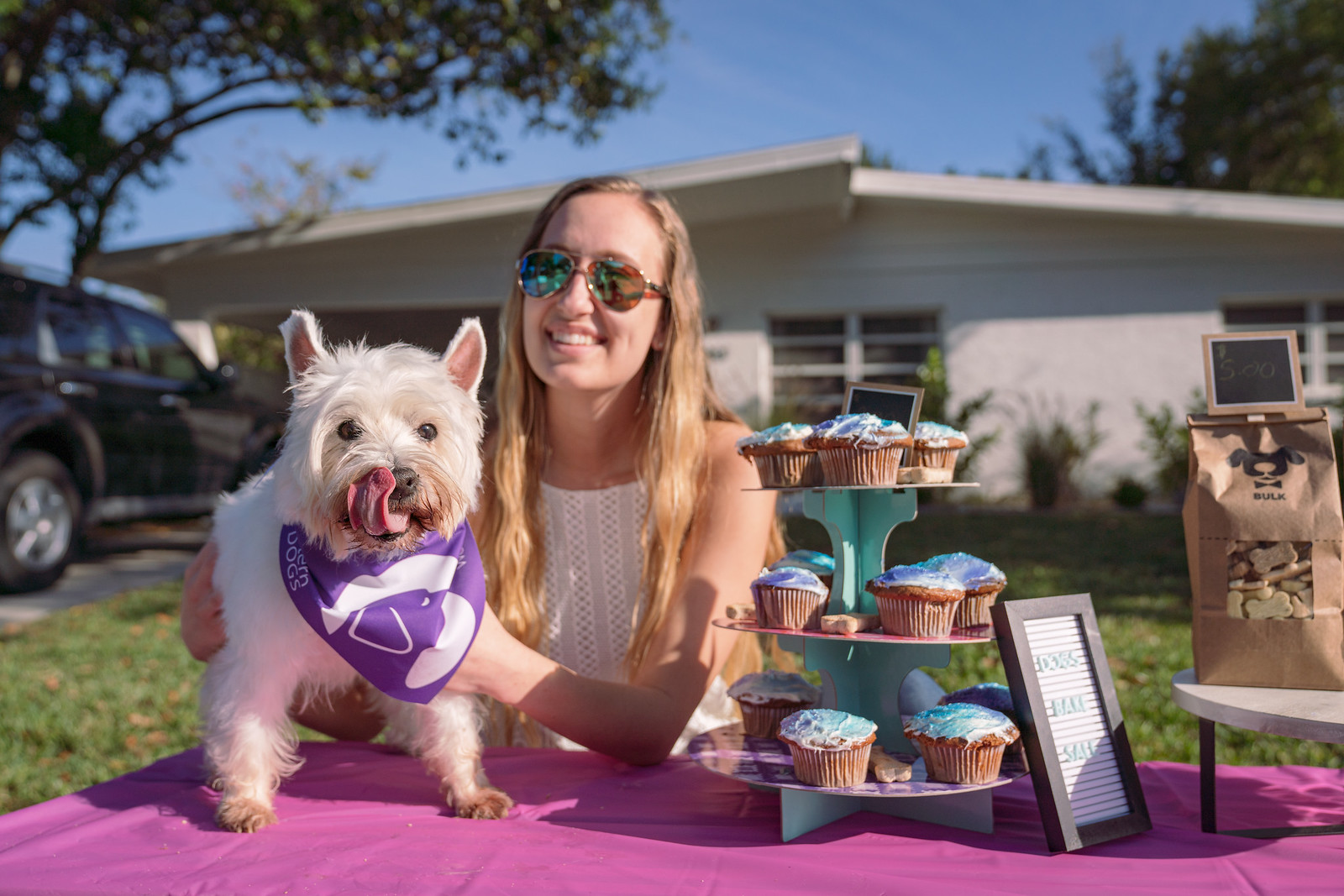 Girl smiles at camera while she holds a little white dog in purple walkathon bandana with cupcakes and dog treats to the right