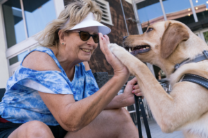 A women gives a yellow lab a high five