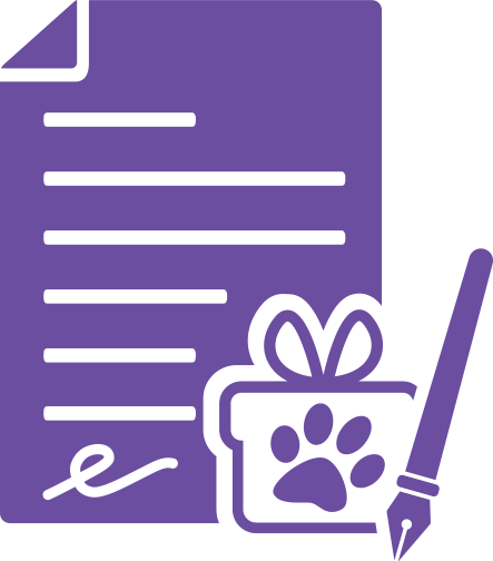 Icon purple paper with gift box and paw in middle and an inkwell pen in the right corner