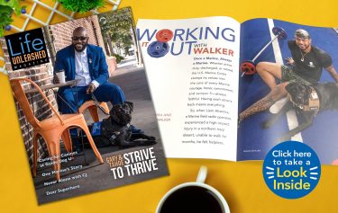 Magazine cover and inside pages showing people with dogs