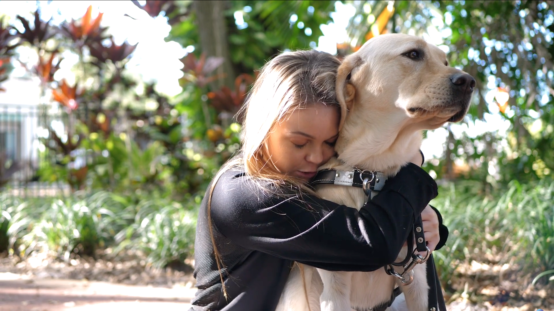 Woman looks down while she hugs yellow Labrador in guide dog harness