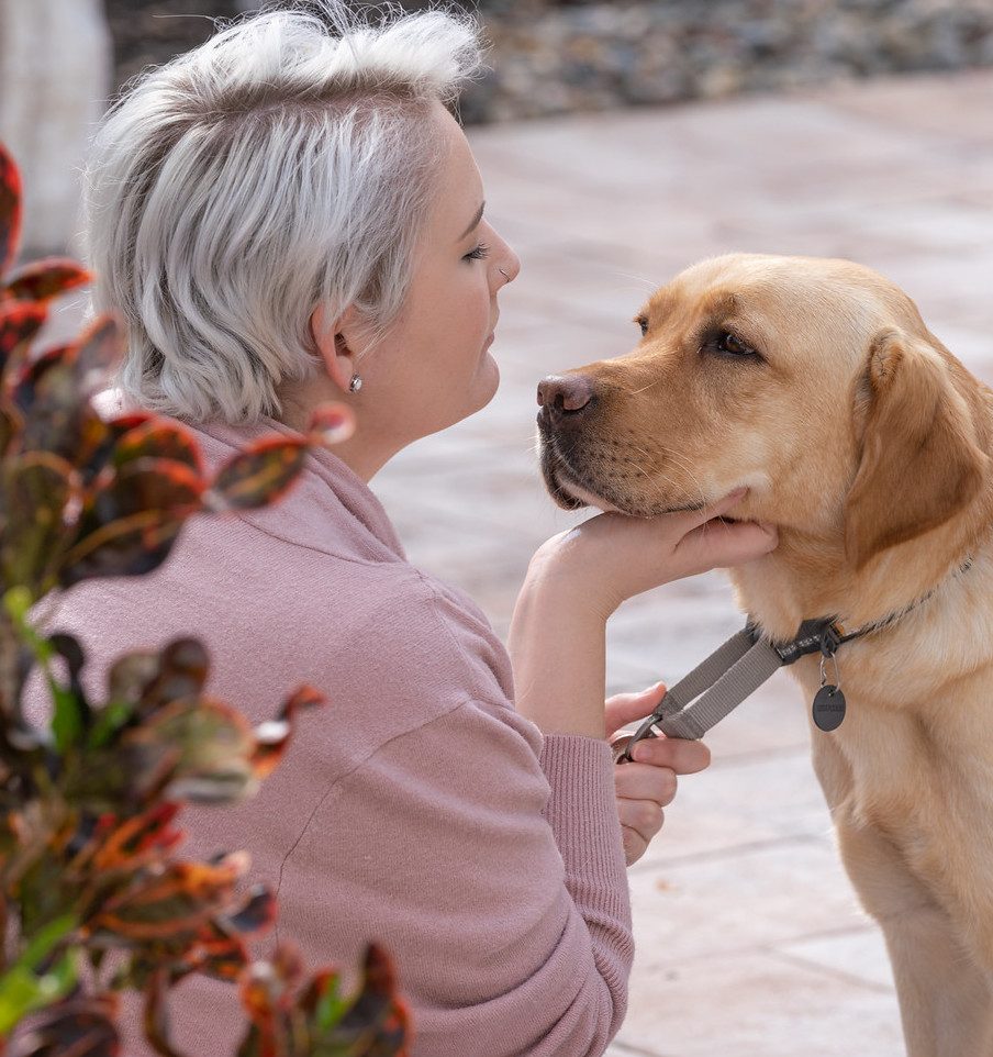 A female kneeling to look into a yellow lab's eyes.