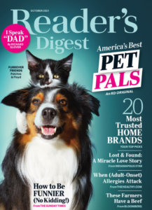 Reader Digest magazine cover with a dog and a cat