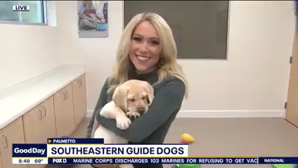 A woman holding a yellow Lab puppy