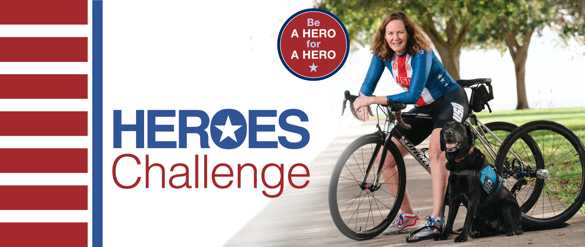Heroes Challenge Slider Image of a woman on a bike next to a service dog.