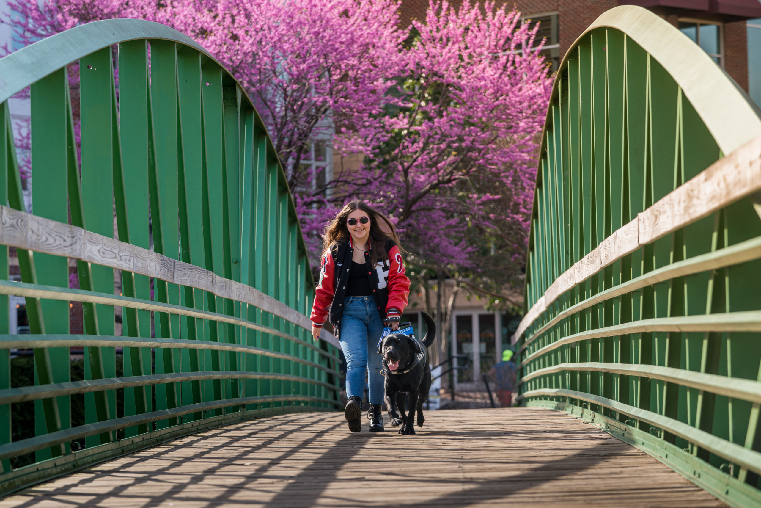 Annabell and guide dog Barry walking together across a bridge.