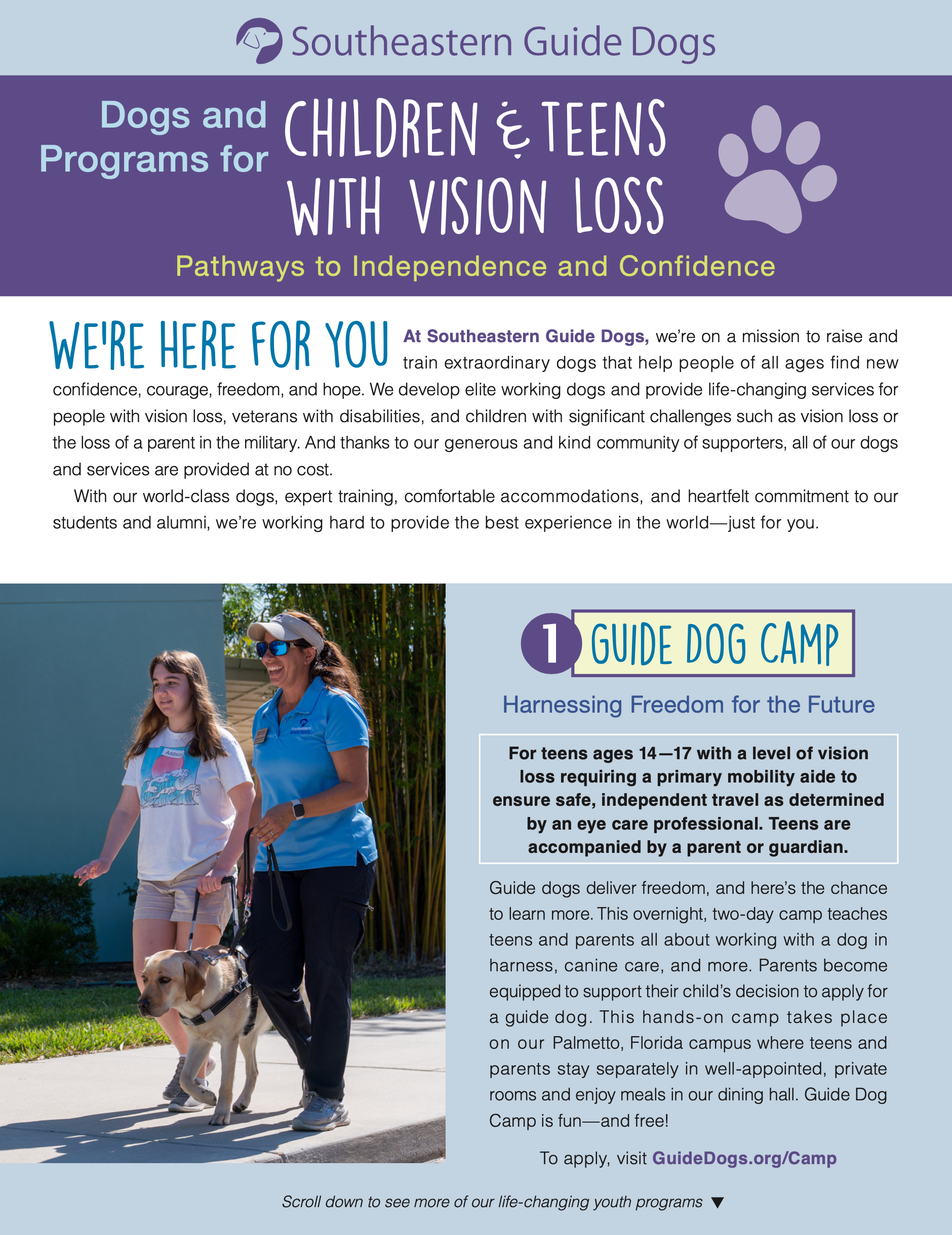 A downloadable PDF flyer about Southeastern Guide Dogs' Guide Dog Camp for Teens.