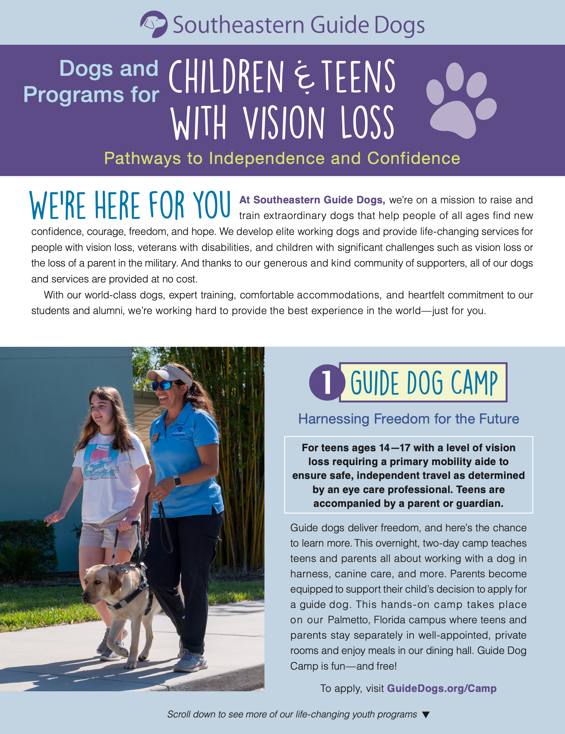 A downloadable PDF flyer about Southeastern Guide Dogs Inc' Guide Dog Camp for Teens.