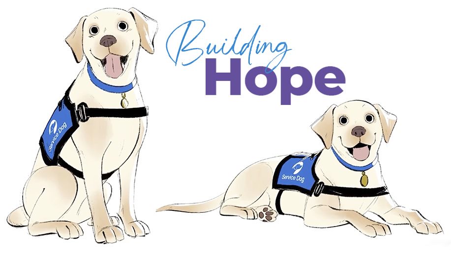 A sketch of two yellow lab service dogs. Text: Building Hope