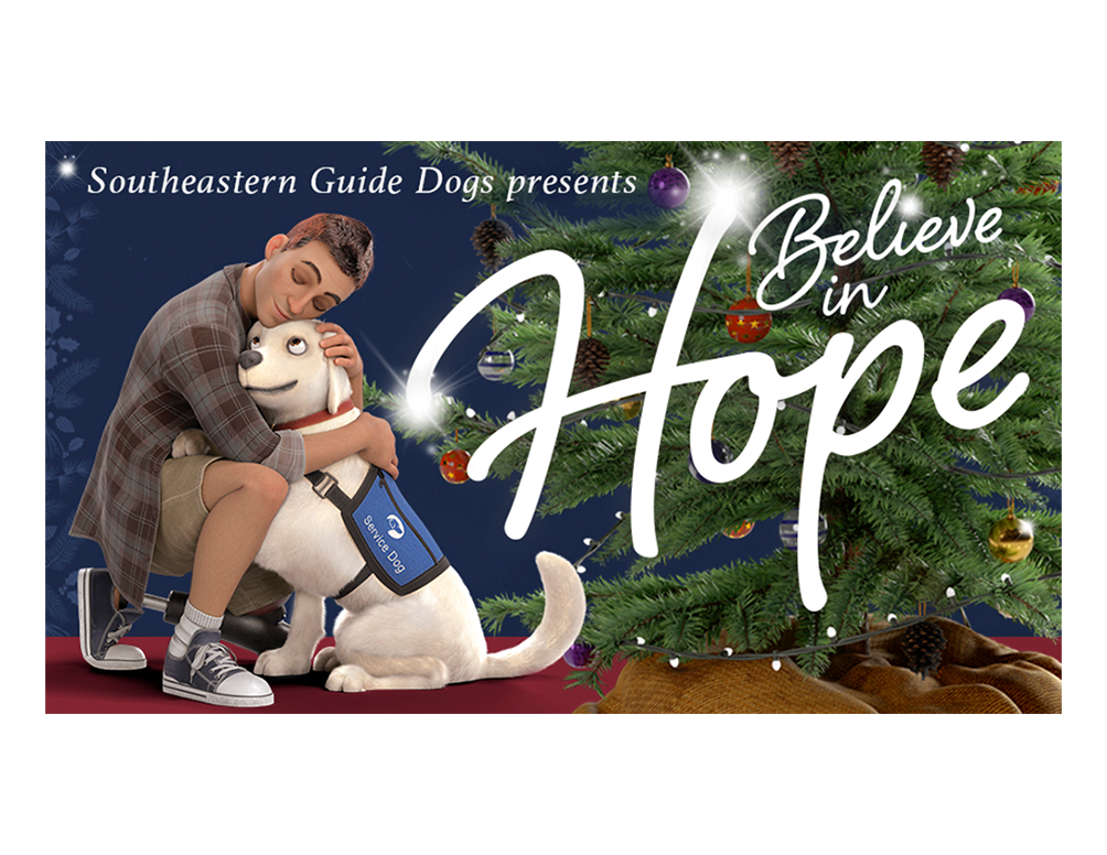 An animated veteran with a prosthetic leg kneels and embraces a yellow lab service dog in front of a Christmas tree. Text: Believe in Hope