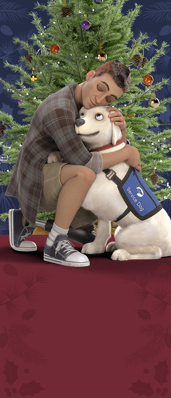 An animated veteran with a prosthetic leg kneels and embraces a yellow lab service dog in front of a christmas tree.