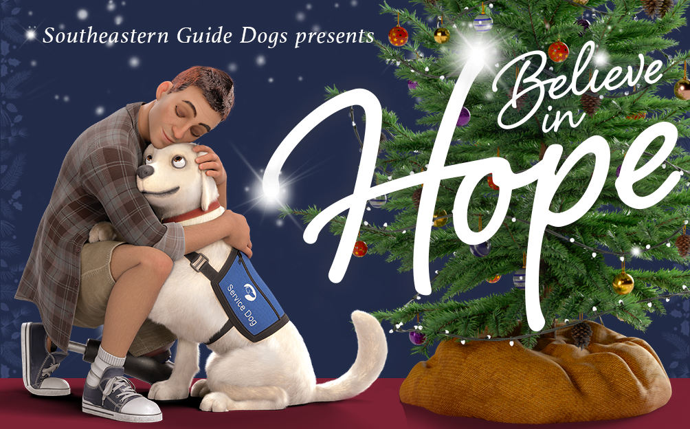 An animated veteran with a prosthetic leg kneels and embraces a yellow lab service dog in front of a Christmas tree. Text: Believe in Hope