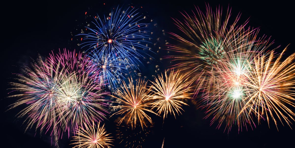 A dazzling display of Fourth of July fireworks exploding in the night sky.