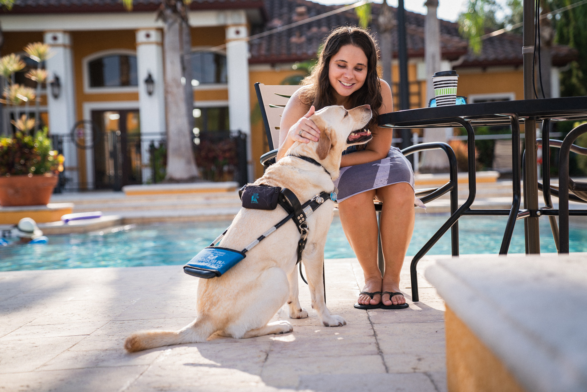 A yellow lab guide dog being pet by the female owner outside next to a pool