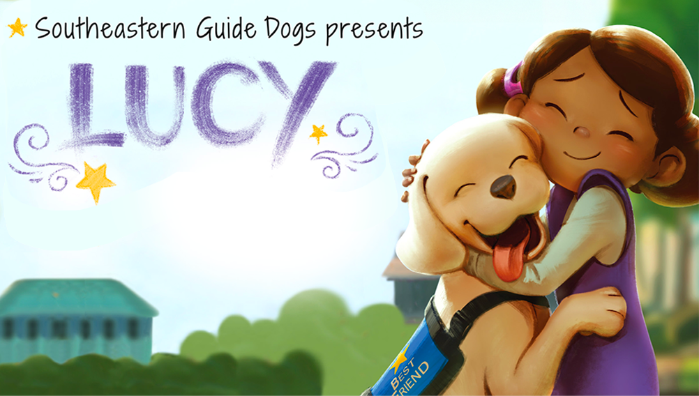 An animated girl hugging her skilled companion dog with the text "Lucy"