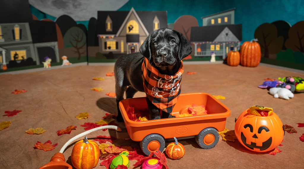 A black Labrador Retriever puppy with her front paws inside of a small orange wagon with a pumpkin trick-or-treat bucket next to her.