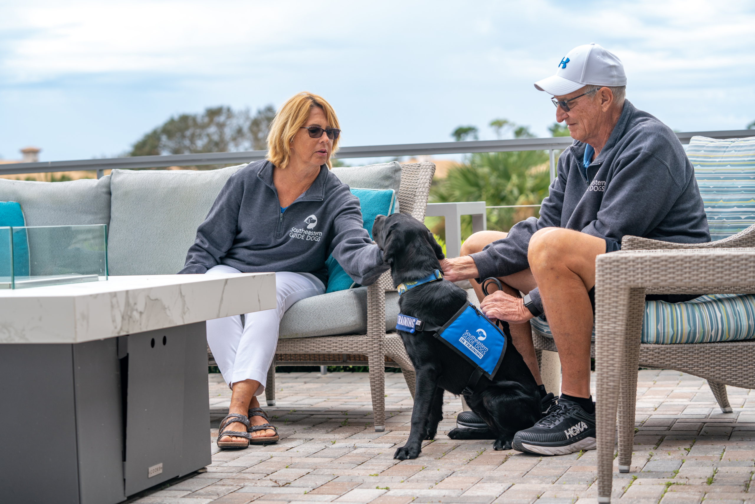 A black Labrador sitting outside with the a couple.