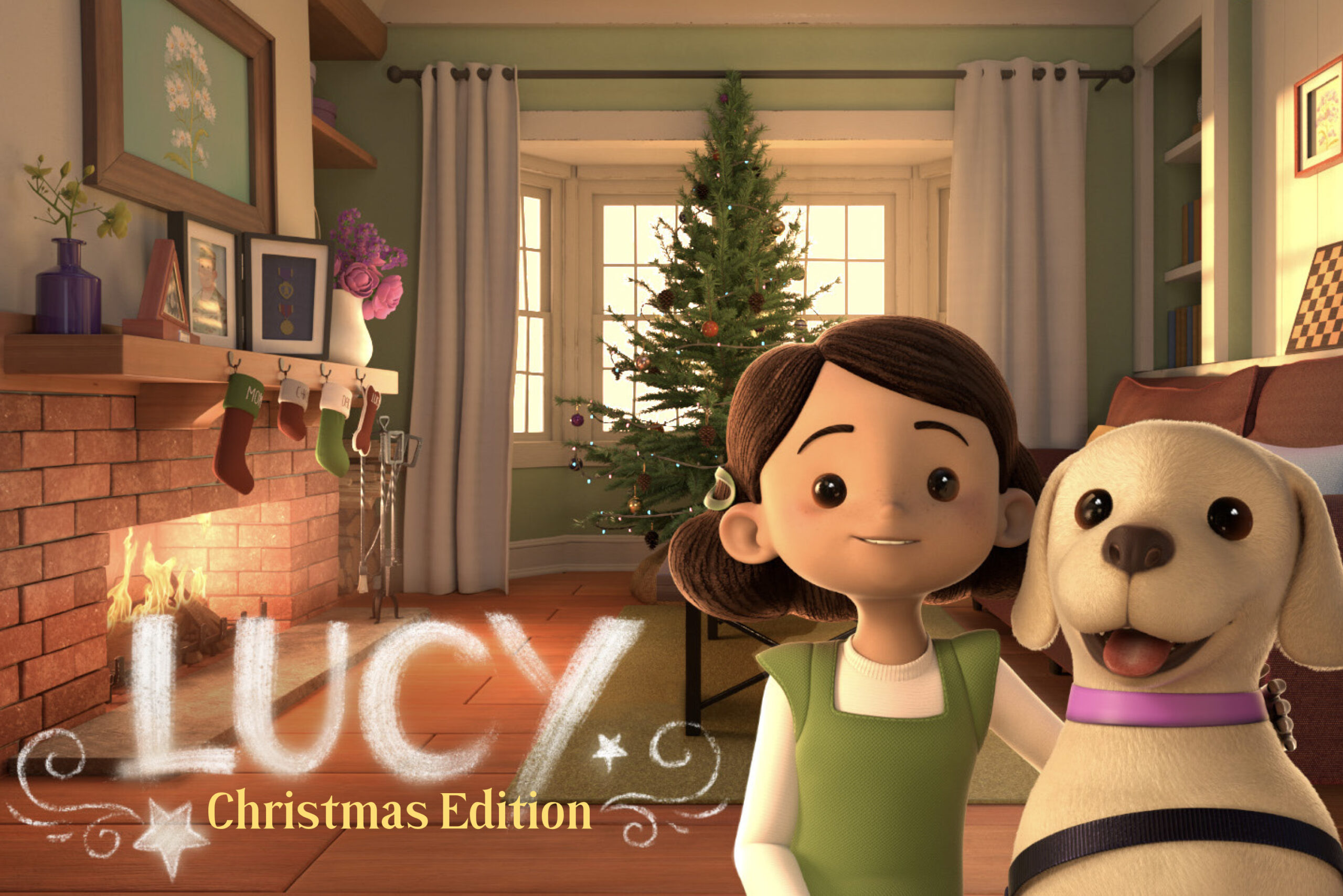 "Lucy Christmas Edition" text pictured with an animated girl and yellow lab.