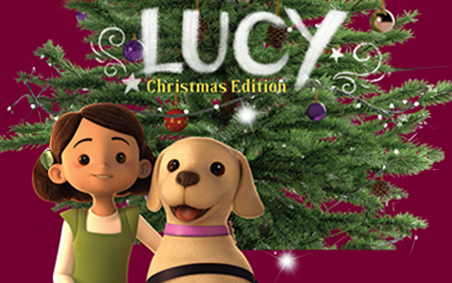 "Lucy Christmas Edition" text pictured with an animated girl and yellow lab.