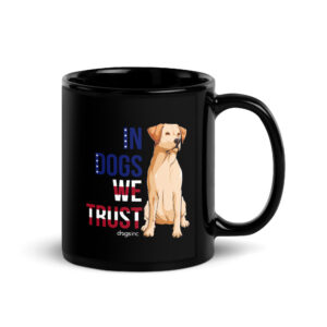 A black coffee mug with a dog graphic and 'In Dogs We Trust' text in red, white, and blue.